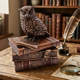 A decorative owl figurine perched on top of a stack of antique-style books on a wooden desk, with a feather quill, ink bottle, and magnifying glass nearby and bookshelves in the background.