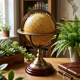 An antique-style brass globe on a wooden stand with a dark reddish-brown base, displayed on a wooden desk surrounded by potted plants, a leather notebook, and a pen.