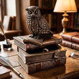 A decorative owl figurine perched on top of stacked antique-style books, placed on a wooden desk in a warm, book-filled room with a lamp, ink bottle, and reading materials visible.