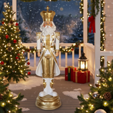Decorative nutcracker figure in gold and white standing on a Christmas-themed porch.
