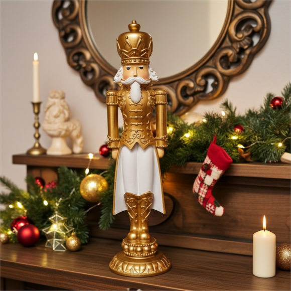 Decorative nutcracker figure on a mantel with Christmas decorations
