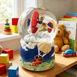 Decorative snow globe with cartoon characters on a shelf with toys and books in the background