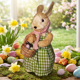Decorative rabbit figure in a green checkered dress holding a basket of Easter eggs, surrounded by flowers and eggs on a grassy background.