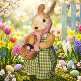 Stuffed bunny in a green dress with a pink scarf, holding a basket of Easter eggs, surrounded by flowers and eggs in a garden setting.