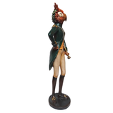 Statue of a parrot in a green outfit holding a violin on a white background