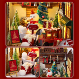 Collage of Christmas-themed miniature village scene with snowman, trees, and houses.