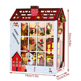 Christmas-themed house-shaped Advent calendar with window views and dimensions indicated.