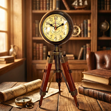 Vintage-style clock on a tripod stand in a room with books and a leather chair.