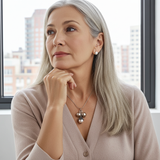 Woman with gray hair wearing a necklace, sitting indoors with a cityscape view.