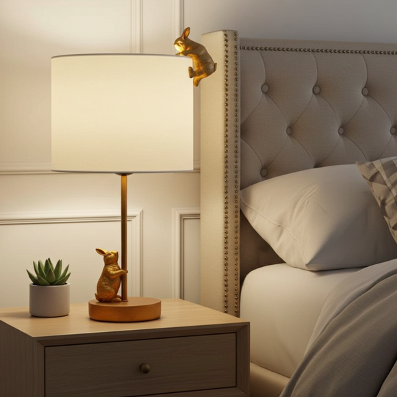 Nighstand with lamp, decorative figurines, and small plant next to a bed with tufted headboard.