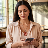 Woman using a smartphone in a casual setting wear necklace of Red Agate