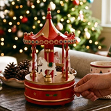 Red And Gold Windup Wooden Christmas Carousel Music Box