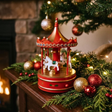 Red And Gold Windup Wooden Christmas Carousel Music Box
