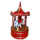 Red And Gold Windup Wooden Christmas Carousel Music Box