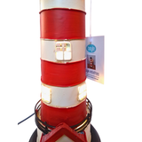 Decorative lighthouse with red and white stripes on a white background, featuring a brand label.