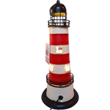 Decorative lighthouse with red and white stripes on a white background