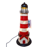Decorative lighthouse lamp with red and white stripes on a white background