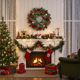 Cozy living room decorated for Christmas with a tree, wreath, stockings, and fireplace.