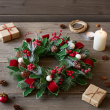 Christmas wreath with red berries and pine cones on a wooden table with candles and gift boxes.