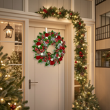 Decorative Christmas wreath and garland on a door with festive lights.
