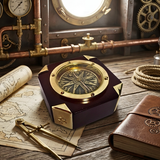 Steampunk-themed compass on a wooden surface with gears and pipes in the background
