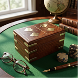 A dark wood game box with brass hardware sits on a green felt table, surrounded by props including glasses, a fountain pen, poker chips, books, and a globe in a styled interior scene.