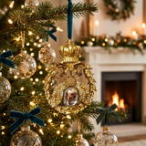 Decorative Christmas ornament on a tree with a fireplace in the background