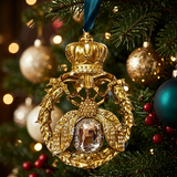 Decorative gold ornament with a crown on a Christmas tree.