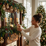 Woman decorating a Christmas mantel with garlands and ornaments in a home setting.