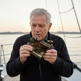Man on a boat holding a brass sextant with water and sky in the background