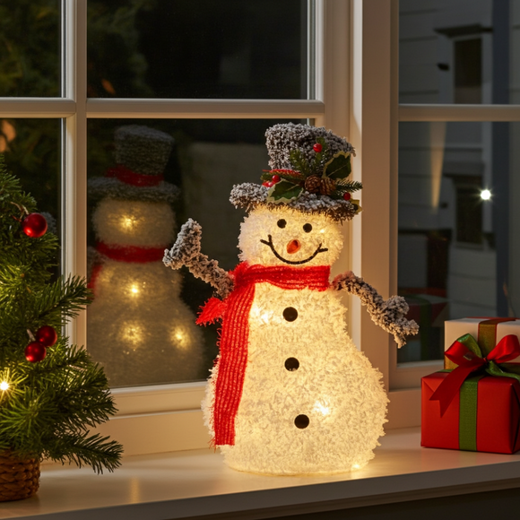 Decorative light-up snowman with a red scarf in front of a window with another snowman and gift.
