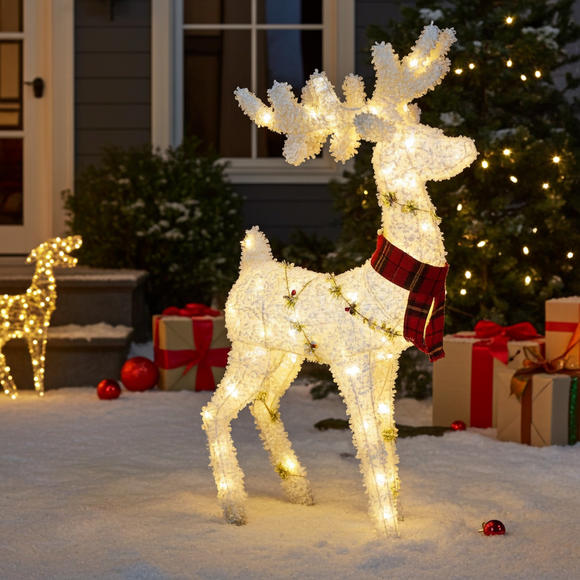 Decorative lighted deer figure in front of a house with Christmas decorations.