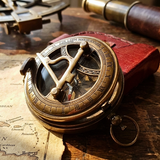 An antique brass sextant compass resting on a vintage map, with a red leather case behind it and a brass telescope blurred in the background on a wooden table.