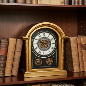 Decorative clock with gears on a wooden shelf with books