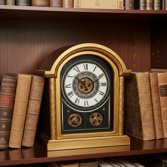 Decorative clock with gears on a wooden shelf with books