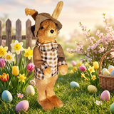 Easter Bunny in a bunny costume standing in a garden with Easter eggs and flowers.