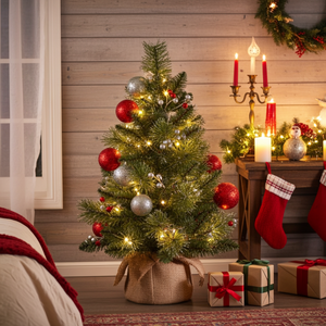 Decorated Christmas tree with ornaments and lights in a festive room setting.