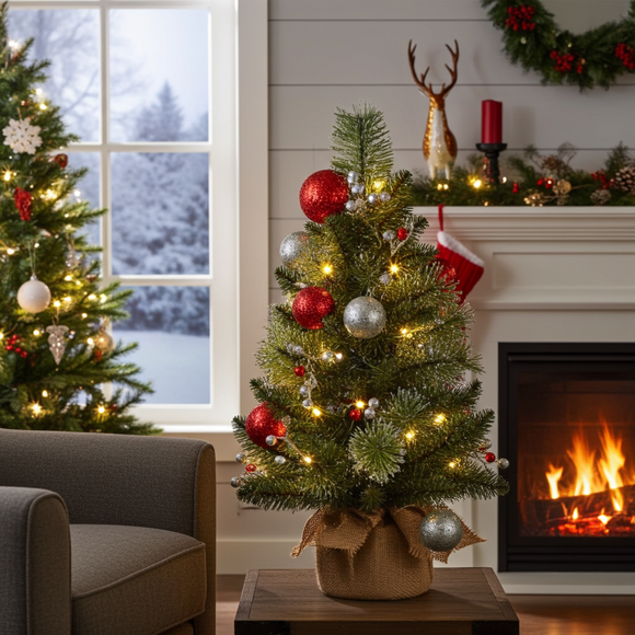 Decorated Christmas tree with lights and ornaments in a living room with a fireplace and another Christmas tree.