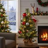 Decorated Christmas tree with lights and ornaments in a living room with a fireplace and another Christmas tree.