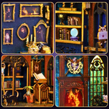 Collage of a detailed miniature room with books, portraits, and decorative elements.