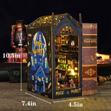 Decorative model of a magical market with dimensions displayed, set against a dark background.