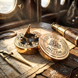 A brass compass and matching round tin lid engraved with 'THE MARY ROSE 1511-1545 LONDON' rest on an aged nautical map, with a brass sextant and rope in a ship cabin setting.