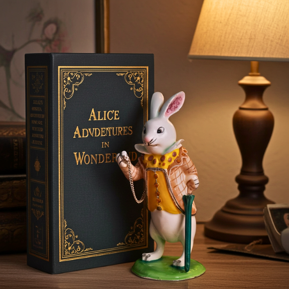 Figurine of a rabbit from 'Alice's Adventures in Wonderland' next to the book on a wooden surface.