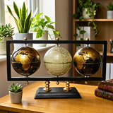 Decorative globe set on a wooden table with plants in the background