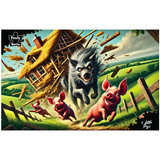 Illustration of a wolf chasing three pigs in front of a house with a thatched roof.
