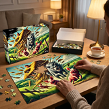 Person assembling a puzzle of 'Ratatouille' characters on a table with a completed puzzle and packaging in the background.