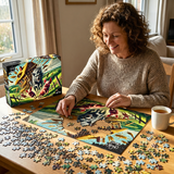 Woman working on a puzzle with a colorful box in the background