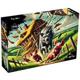 Jigsaw puzzle box featuring 'Three Little Pigs' with a wolf and pigs in a field.
