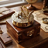A brass and wood astronomical sundial set with a polished wooden box, displayed on a wooden desk surrounded by vintage books, a globe, and a map.