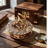 An antique-style brass and bronze compass with Roman numerals sits on an old map next to a magnifying glass, with a dark wooden presentation box behind it on a rustic wooden table.